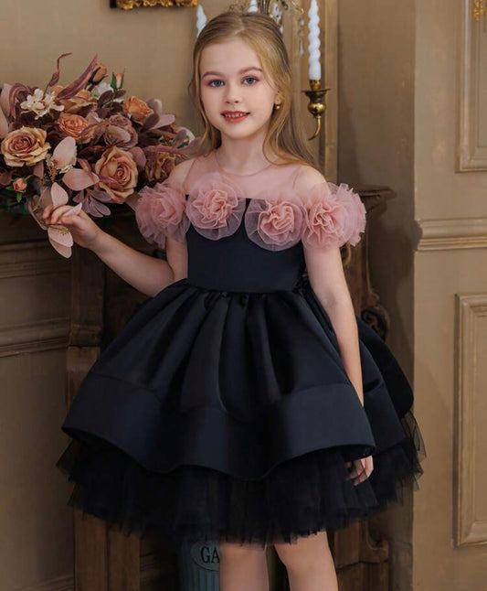 Black 3D Rose Puff Tulle Elegant Court Style Flower