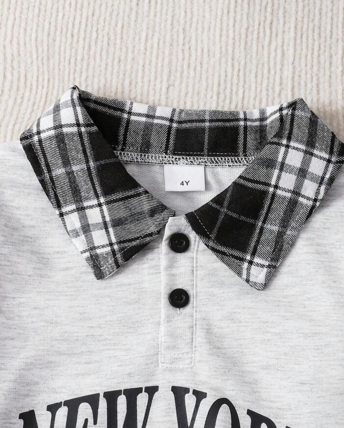 Winter Polo Collar Letter Print Pattern Long Sleeve Drop Shoulder Polo Shirt And Distressed Patchwork Plaid Elastic Waist Straight Leg Denim Pants Set