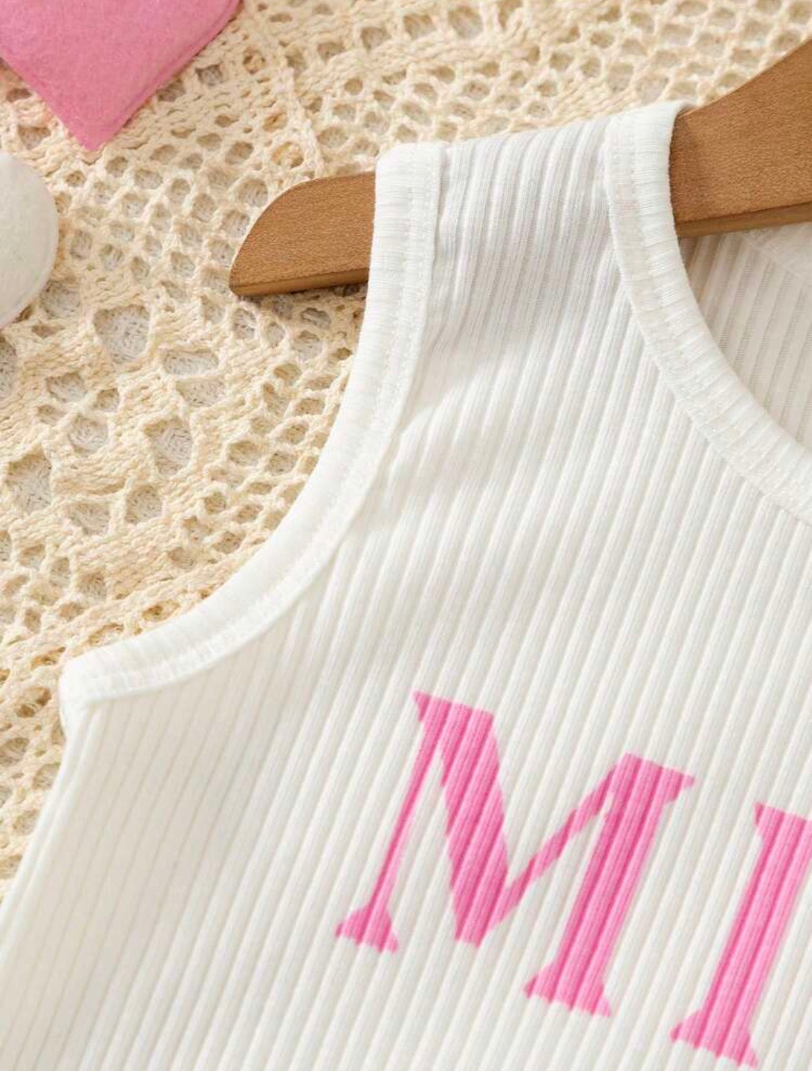 White Knit Ribbed Letter Print Crew Neck Sleeveless Pullover Top + Denim Blue Heart Print Skort
