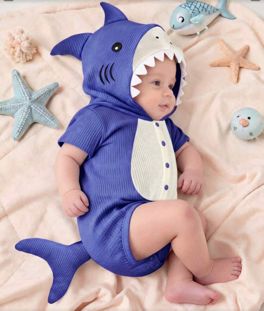 Shark 3D Embroidered Short Sleeve Hooded Romper
