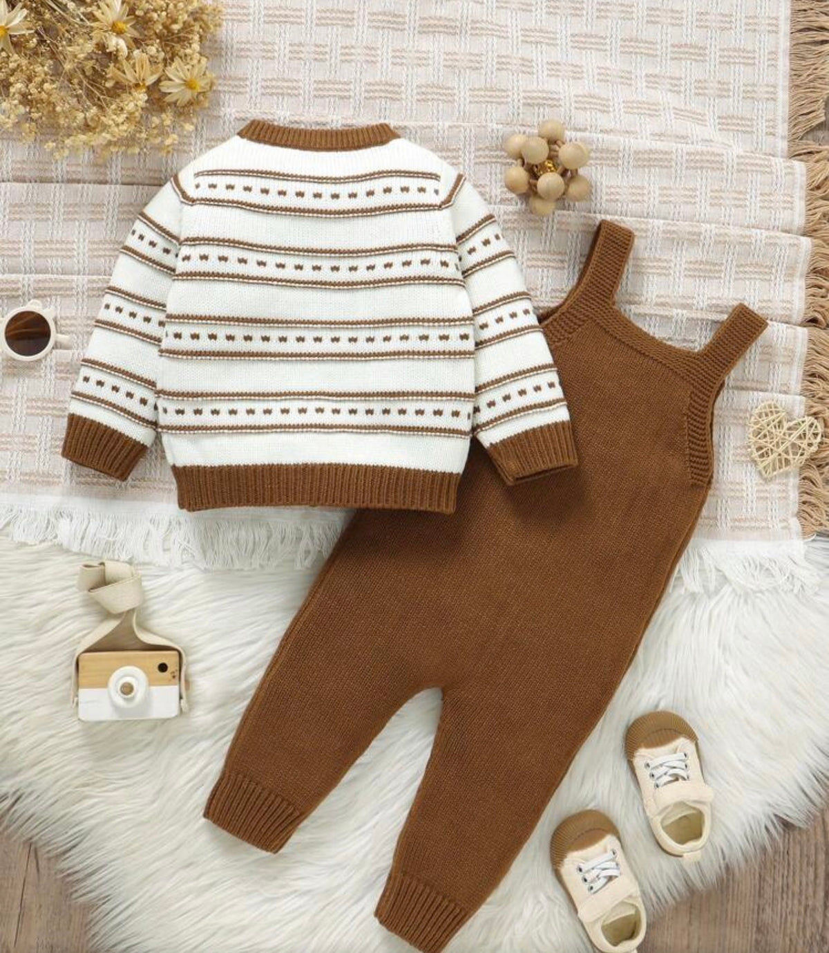 2pcs Knit Sweater Set,Brown And White Polka Dot