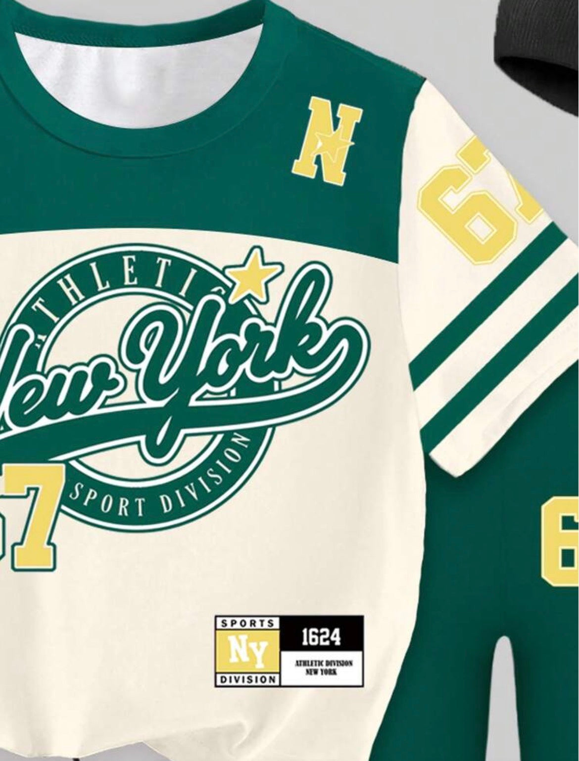 New York 67 Badge Stripe Green Yellow Color Block Letter Slogan Graphic Print Short T-Shirt And Leggings Set