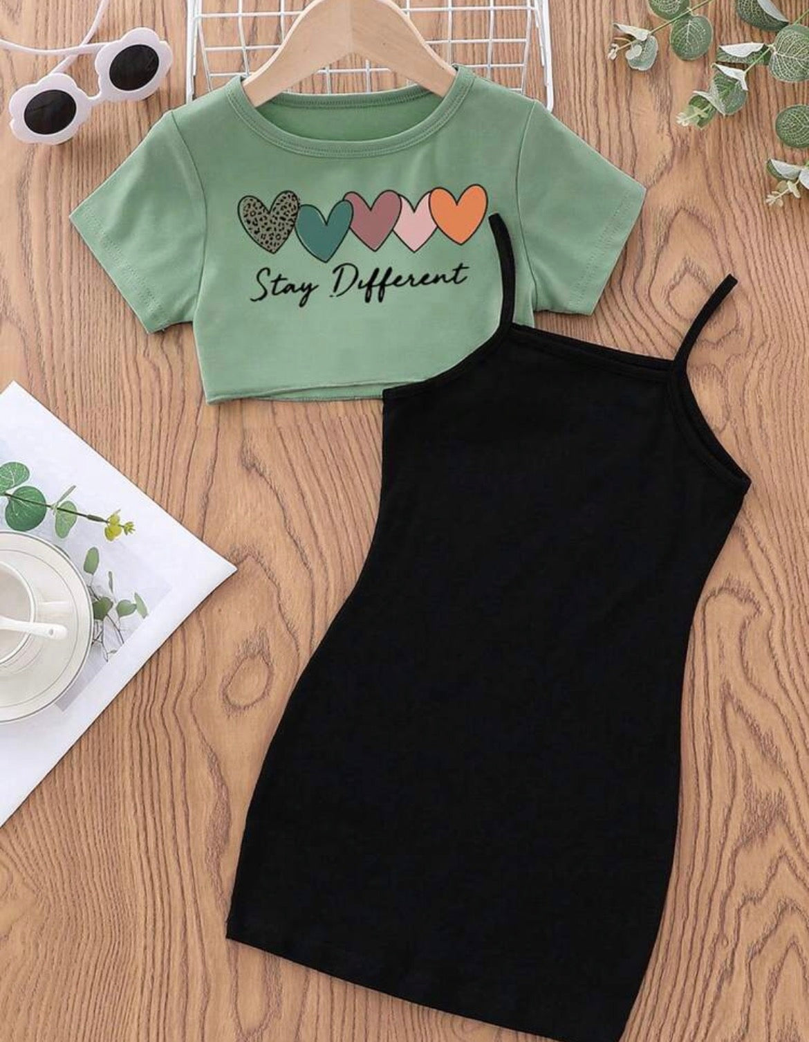 Round Neck Letter & Heart Print Short Sleeve T-Shirt And Cami Dress