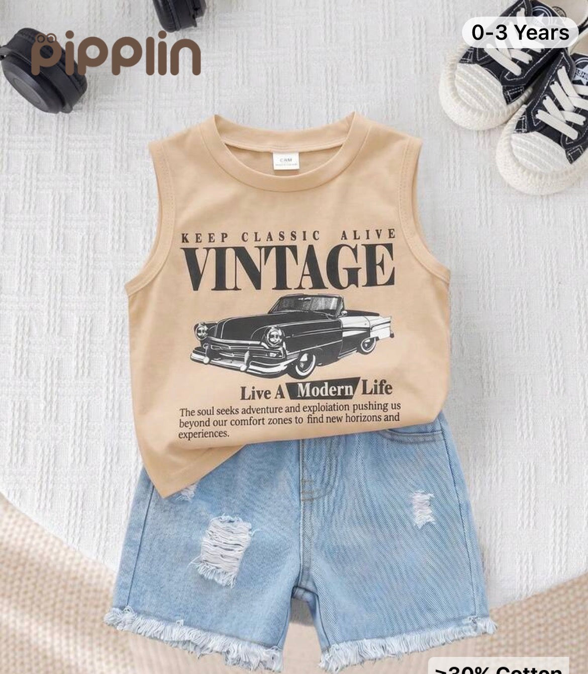 2pcs Baby Boy Summer Casual Street Chic Car Graphic Tank Top And Denim Shorts Set
