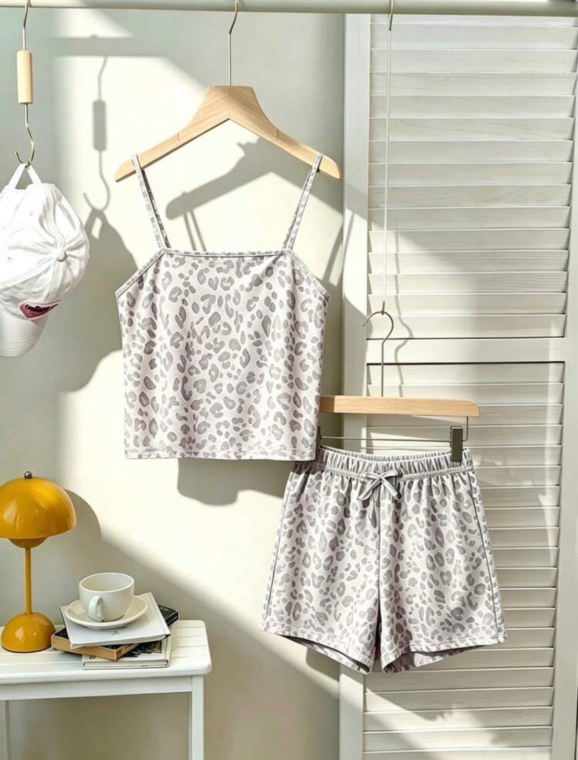 Light Gray Leopard Print Camisole Drawstring Waist Top And Casual Sports Shorts