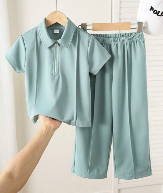 Solid Color Zipper Half-Open Polo Collar T-Shirt And Straight Leg Sweatpants Set