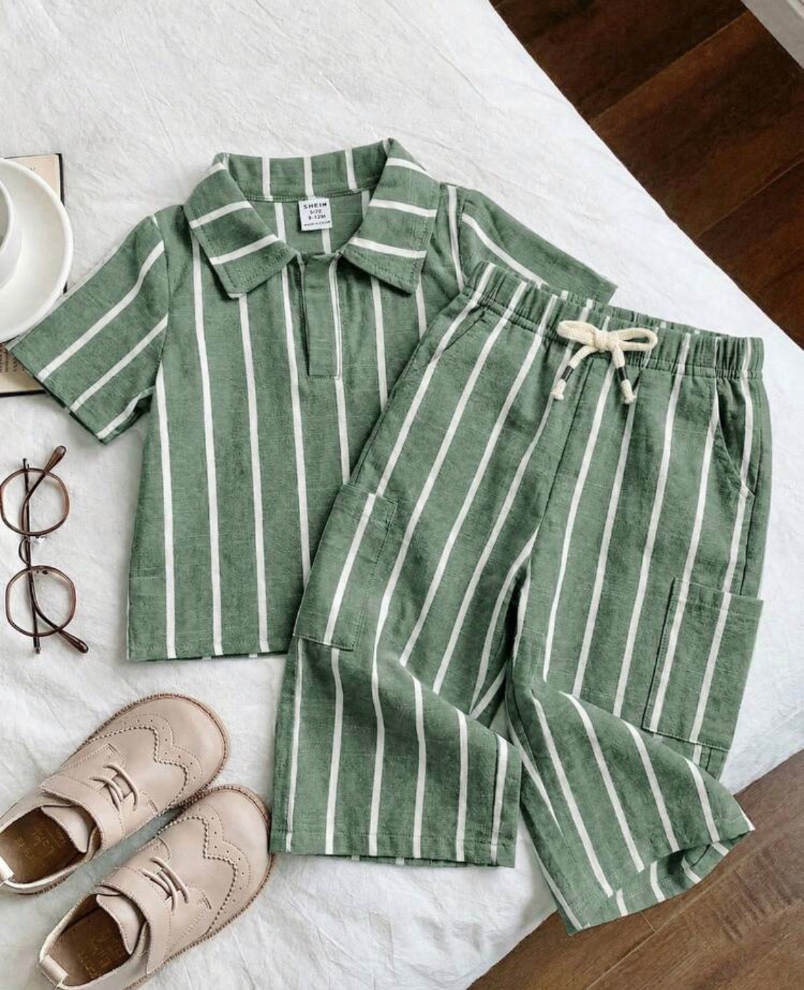 2pcs/Set Versatile Blue And White Striped Collar Short Sleeve Shirt And Long Pants