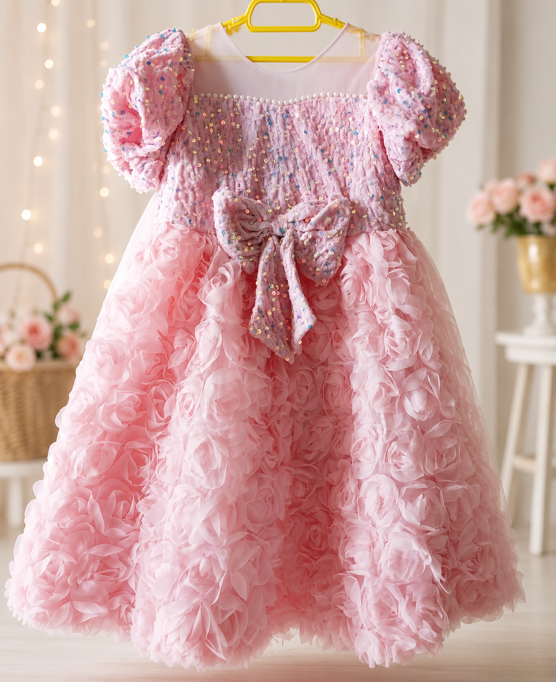 Sequined Bow Decoration And Three-Dimensional Flower Hem