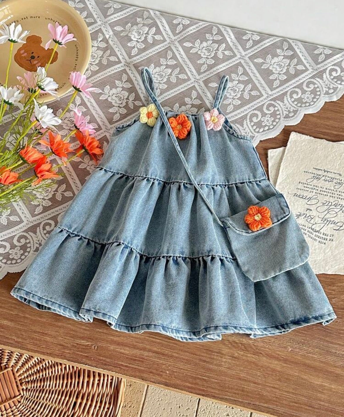 3D Flower Decor Denim Sleeveless Dress & Bag Set,