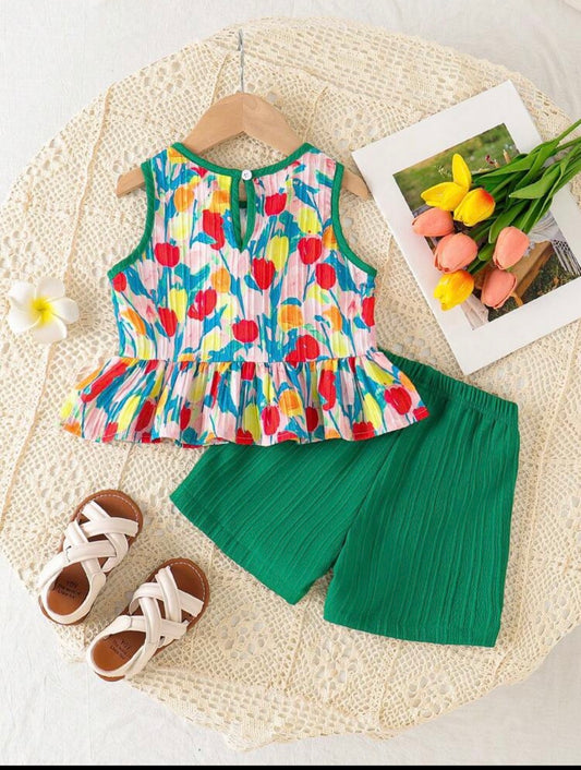 Tulip Flower Print Sleeveless Top With Bow Decor And Elastic Waist Shorts