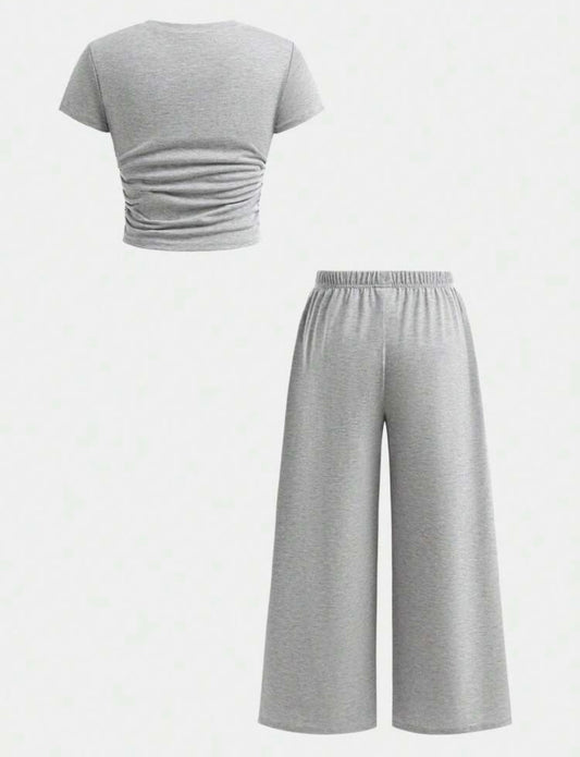 Bow Print Short Sleeve Top And Loose Fit Pants