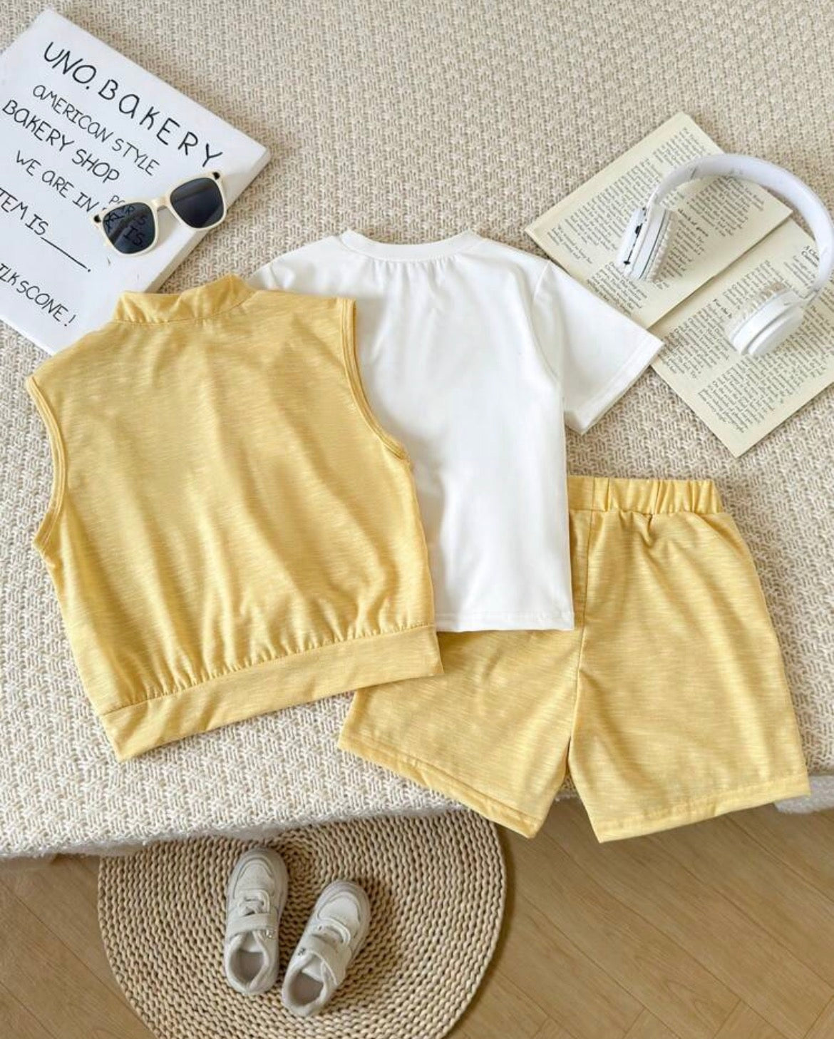 3pcs/Set Yellow Letter Embroidered Zipup Sleeveless Jacket, White Short Sleeve T-Shirt, Yellow Casual Shorts