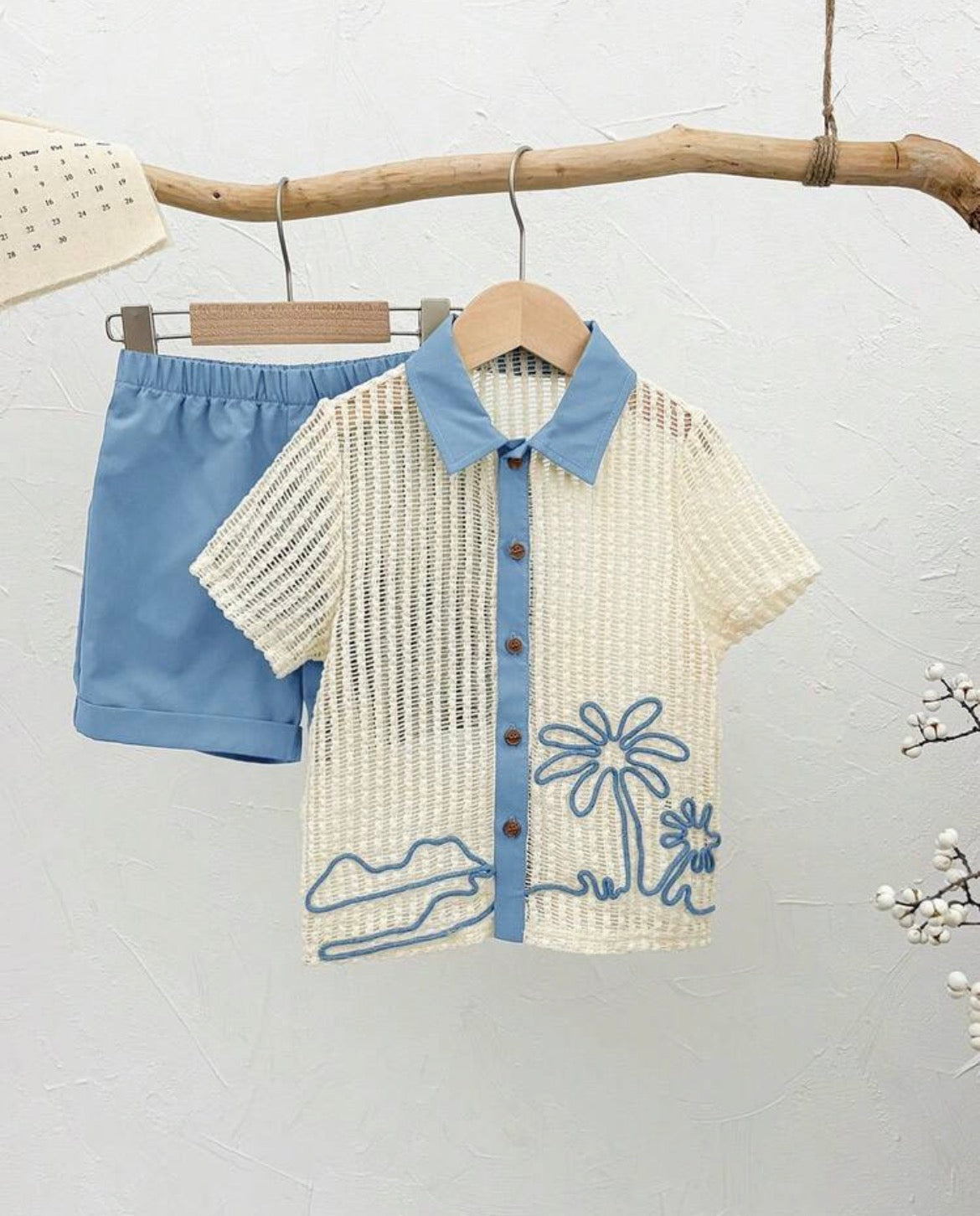 2pcs/Set Coconut Tree Hollow Out Short Sleeve Shirt And Shorts