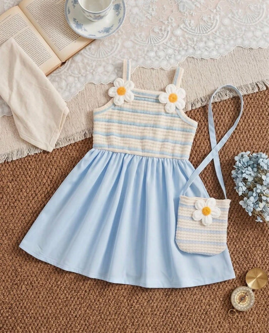 Blue And White Stripe Spaghetti Strap Dress With Matching Mini Crossbody Bag