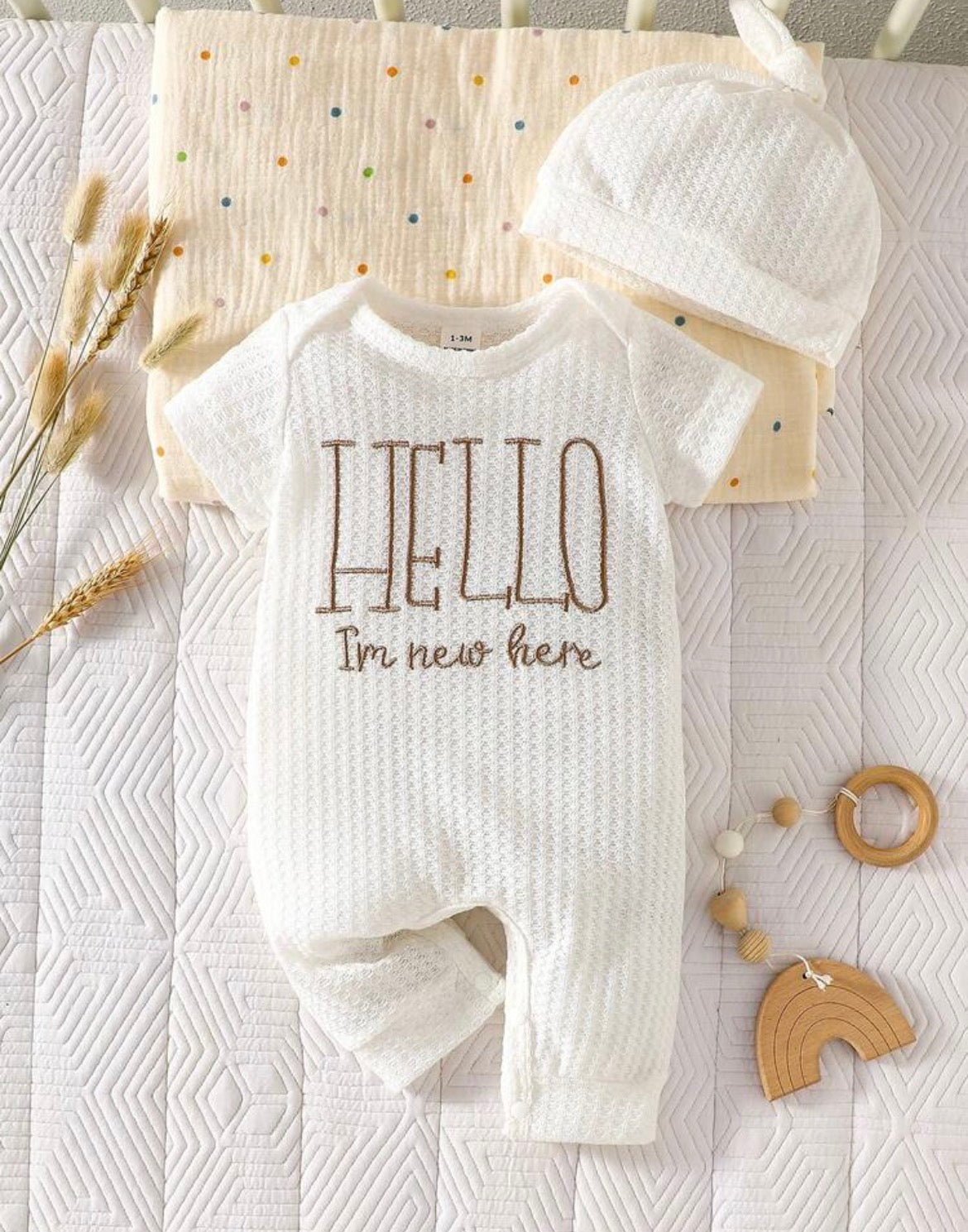 2pcs/Set Christening Jumpsuit Waffle Knit Short Sleeve Bodysuit&Hat