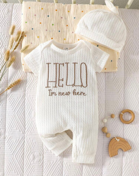 2pcs/Set Christening Jumpsuit Waffle Knit Short Sleeve Bodysuit&Hat
