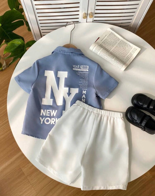 Letter Pattern Short Sleeve Collared Blue Woven Shirt Top And White Elastic Waist Shorts