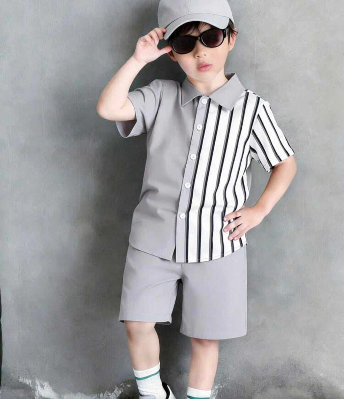 2pcs/Set Striped Print Short Sleeve Shirt And Shorts