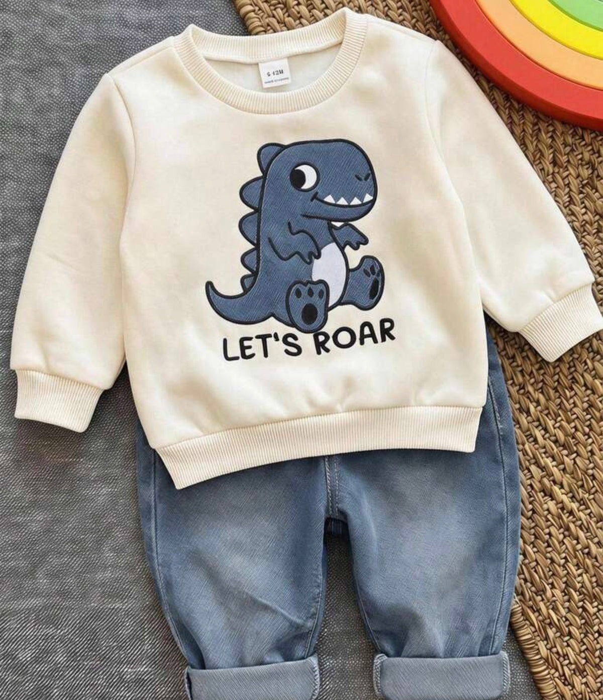 Dinosaur Applique Embroidered Sweatshirt & Denim Jeans 2 Pieces Set & Spring/Autumn