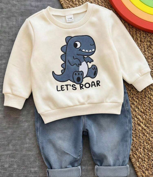 Dinosaur Applique Embroidered Sweatshirt & Denim Jeans 2 Pieces Set & Spring/Autumn