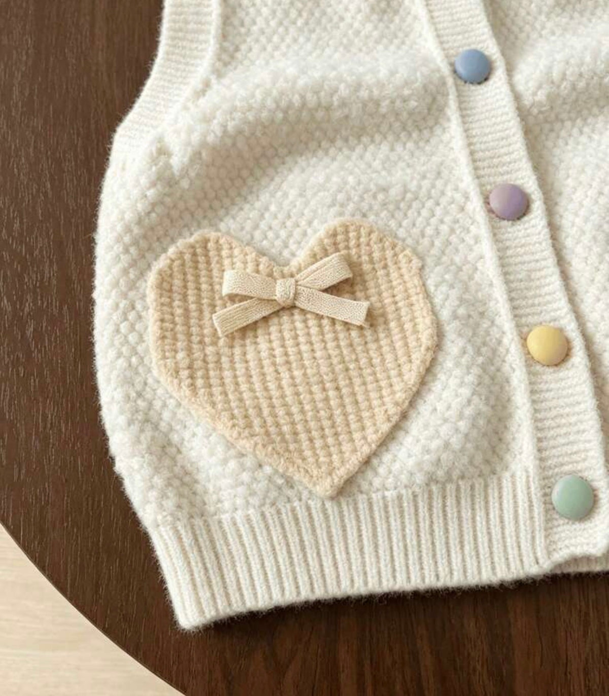 Handmade Bow Decor Multi-Color Pocket Button Knitted Cardigan Vest Winter