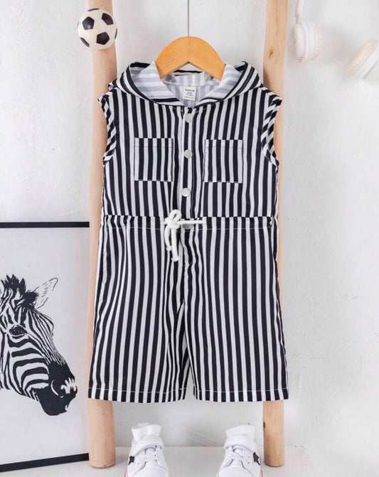 Casual Korea Style Black & White Striped Hooded Jumpsuit Striped Jumpsuit