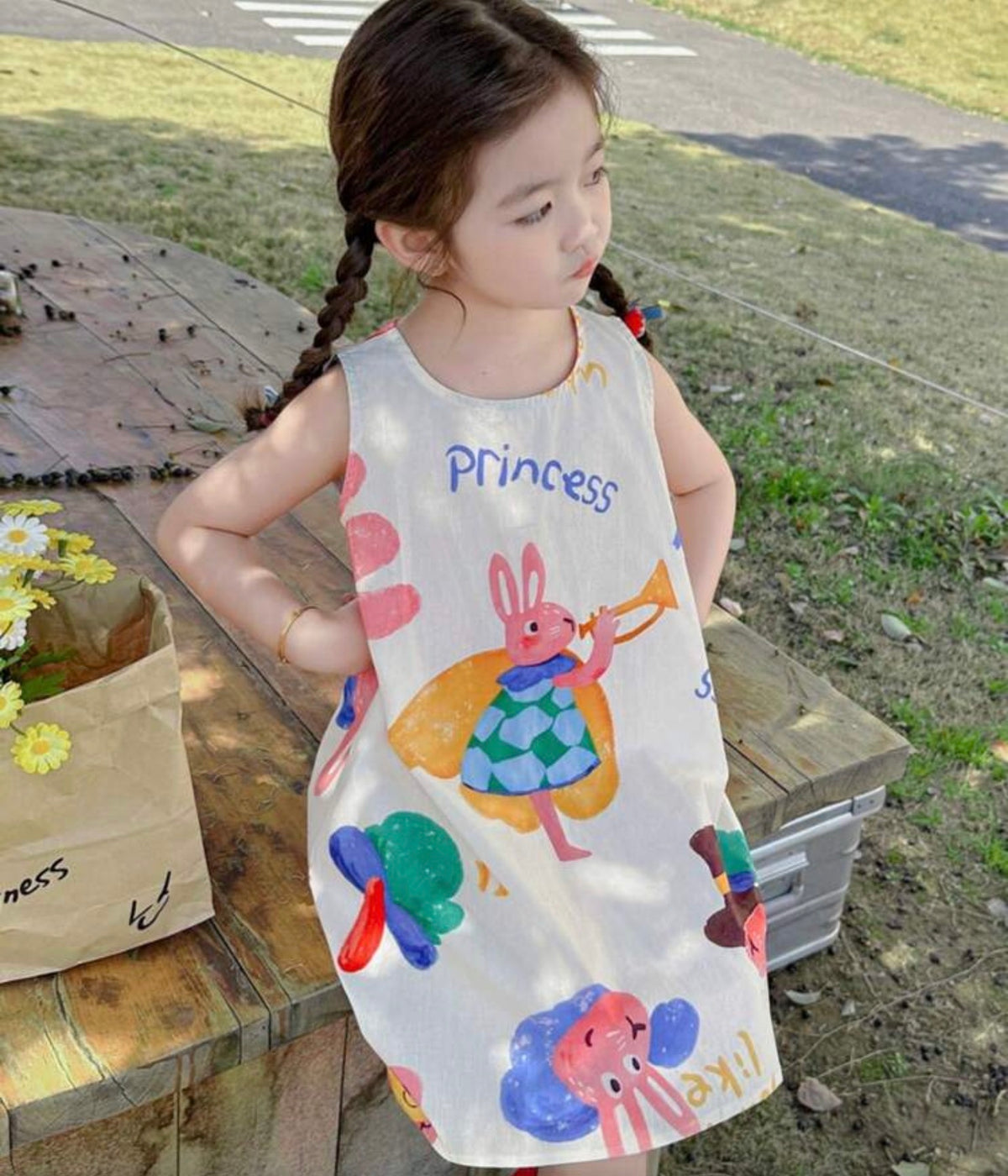 [100% Cotton] Sleeveless Cotton Cartoon Print A-Line Dress