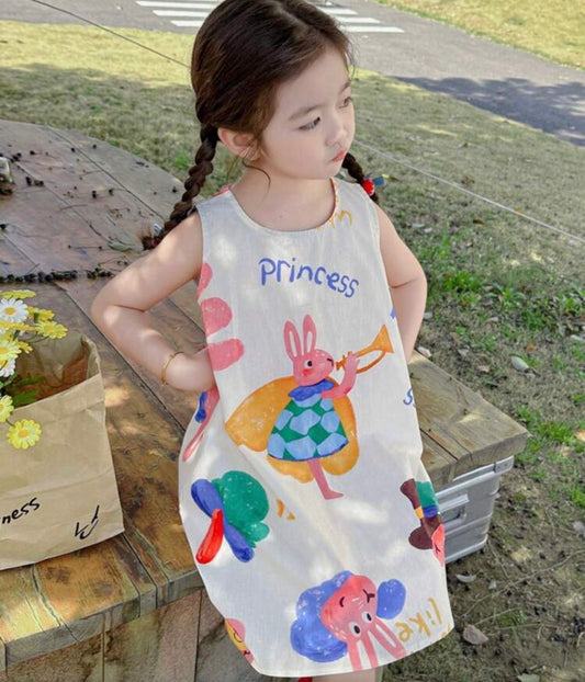 [100% Cotton] Sleeveless Cotton Cartoon Print A-Line Dress