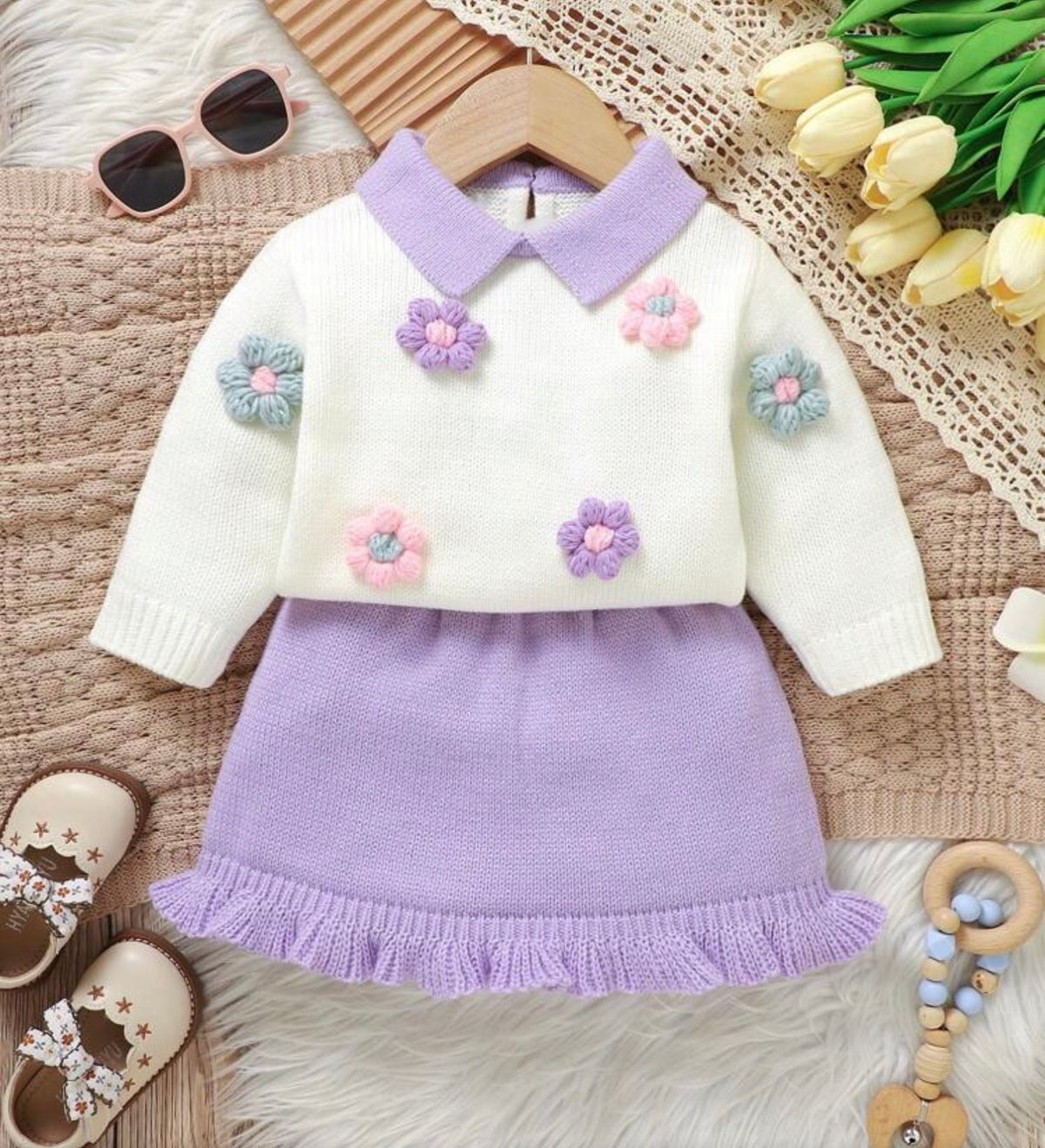 White Floral Purple Sweater Set,Long Sleeve Top With 3D Flower Pleated Skirt