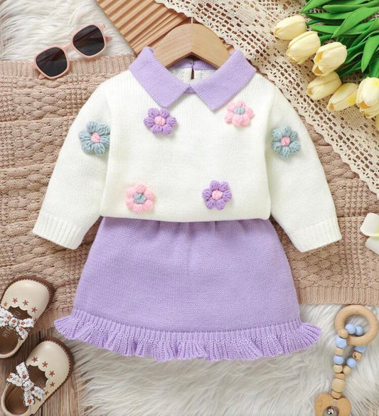 White Floral Purple Sweater Set,Long Sleeve Top With 3D Flower Pleated Skirt