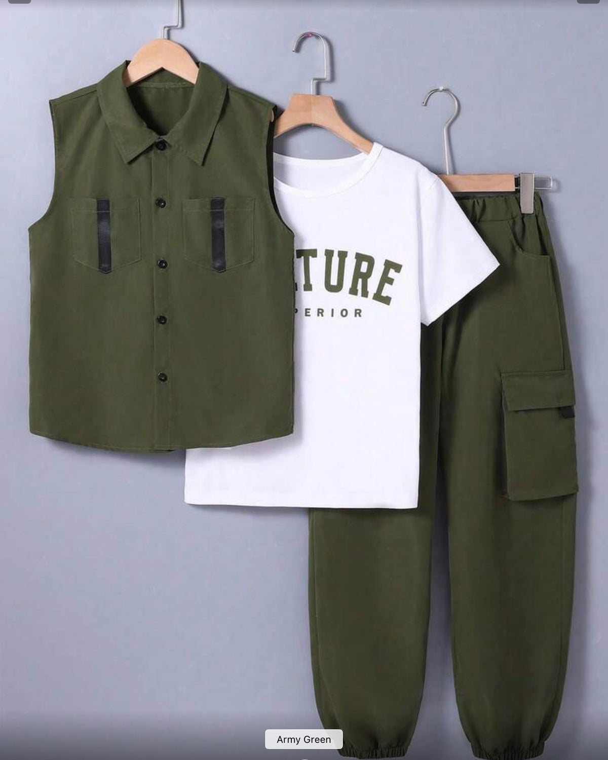 3pcs/Set Collar Waistcoat & Short Sleeve T-Shirt & Pocket Cargo Pants