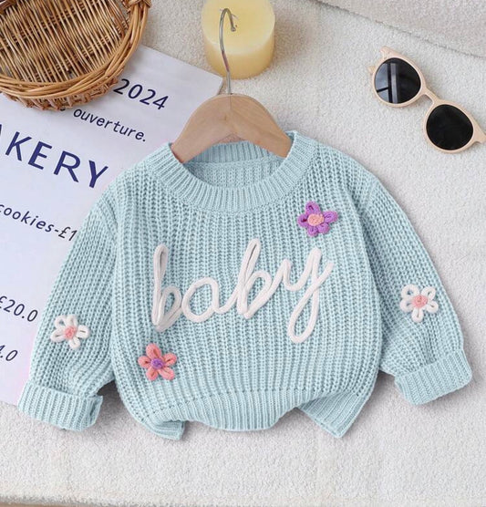 1pc Round Neck Sweater With "Baby" Embroidery Letter And 3D Flower