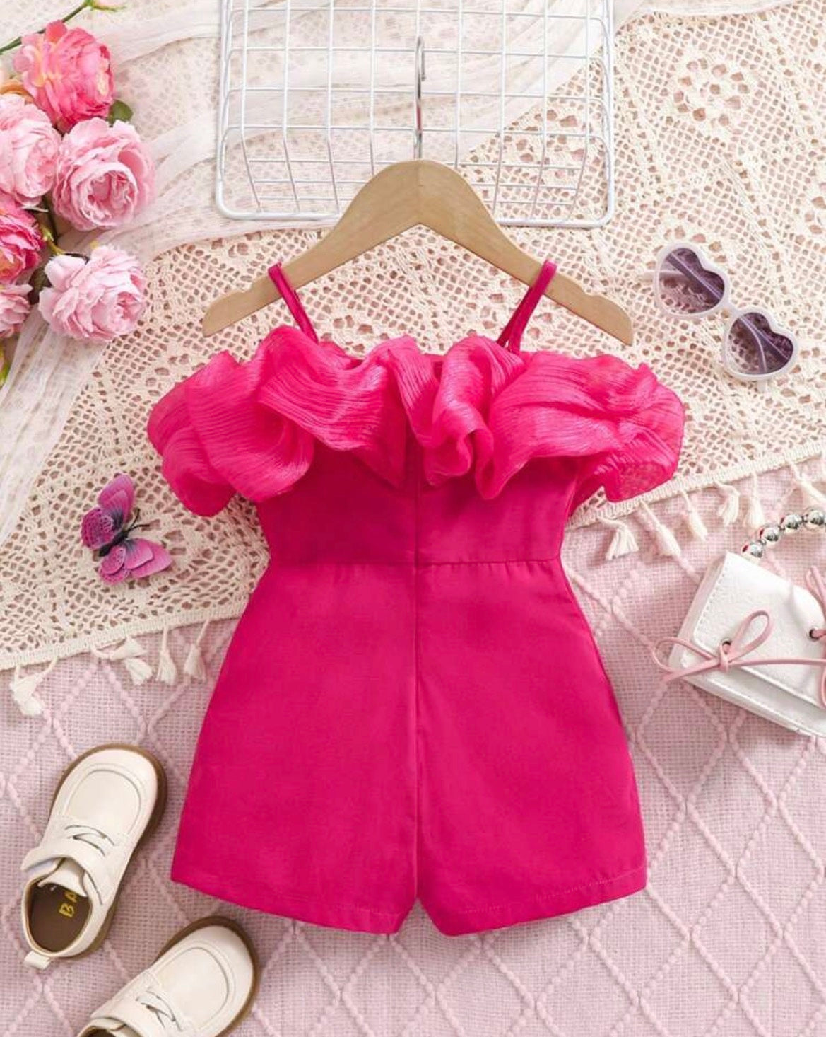 Fern Glow Spaghetti Strap Off-Shoulder Romper