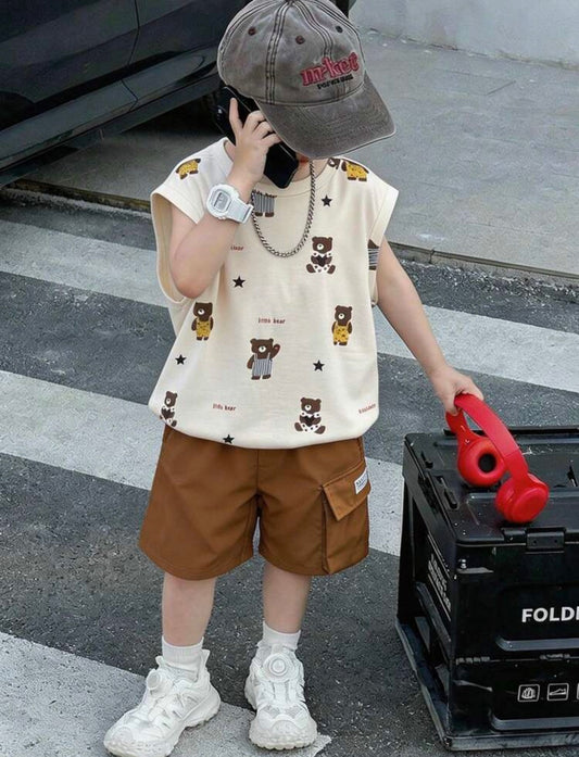 Cartoon Bear Print Oversized Tank Top And Shorts Set