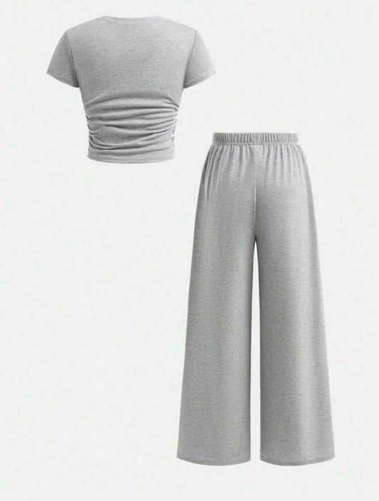 Letter Print Short Sleeve Top And Loose Fit Pants