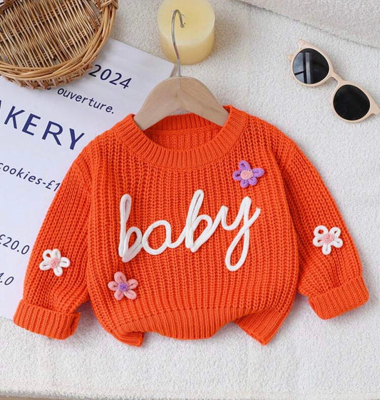 1pc Round Neck Sweater With "Baby" Embroidery Letter And 3D Flower