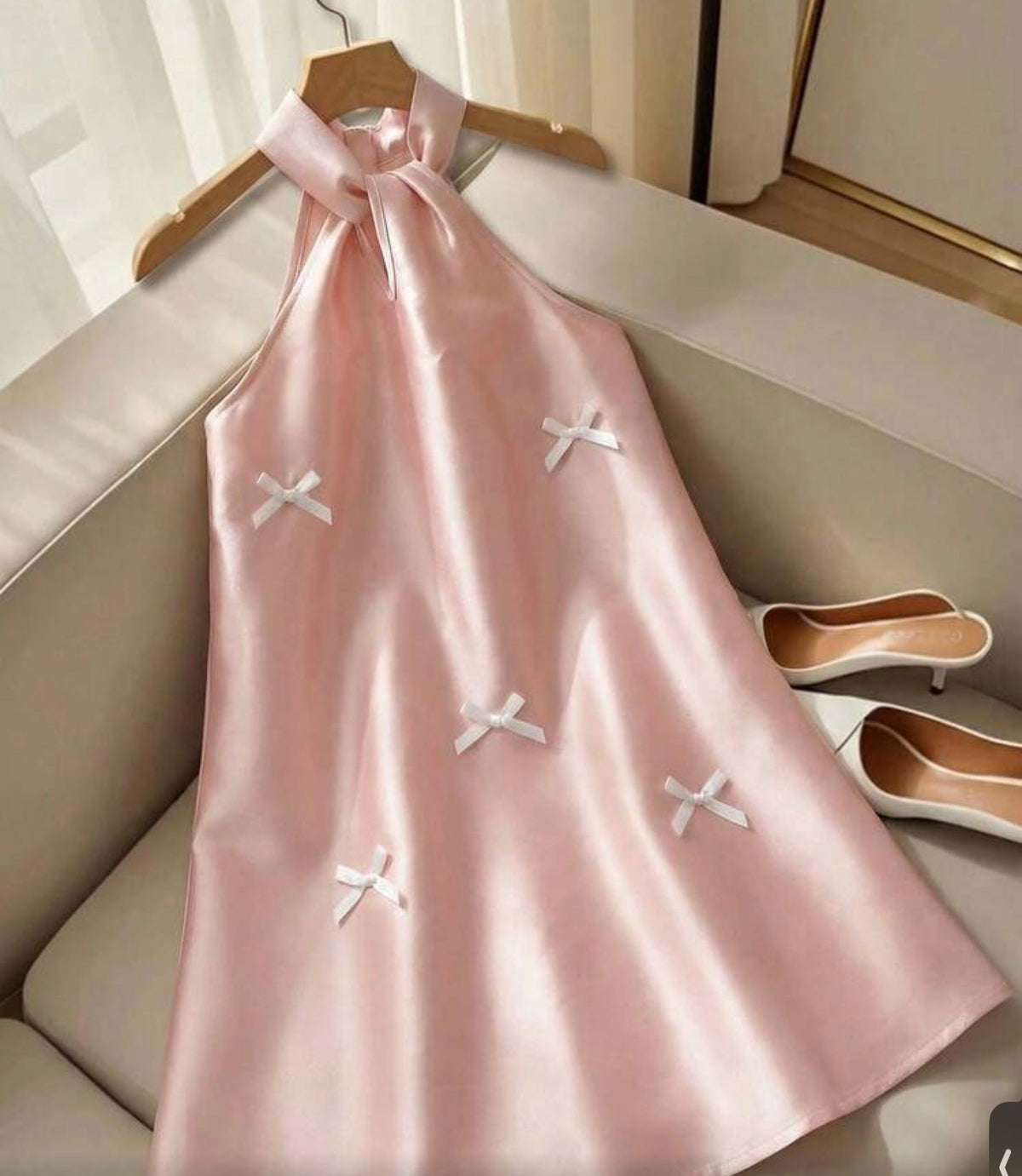 Milky Pink Halter A-Line Dress With Bows
