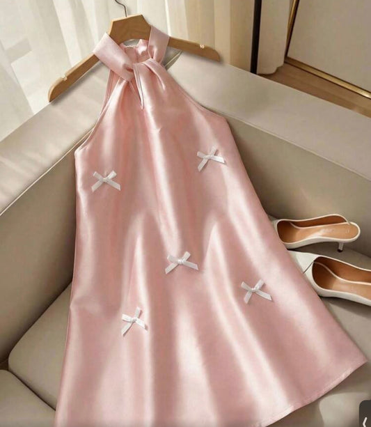 Milky Pink Halter A-Line Dress With Bows