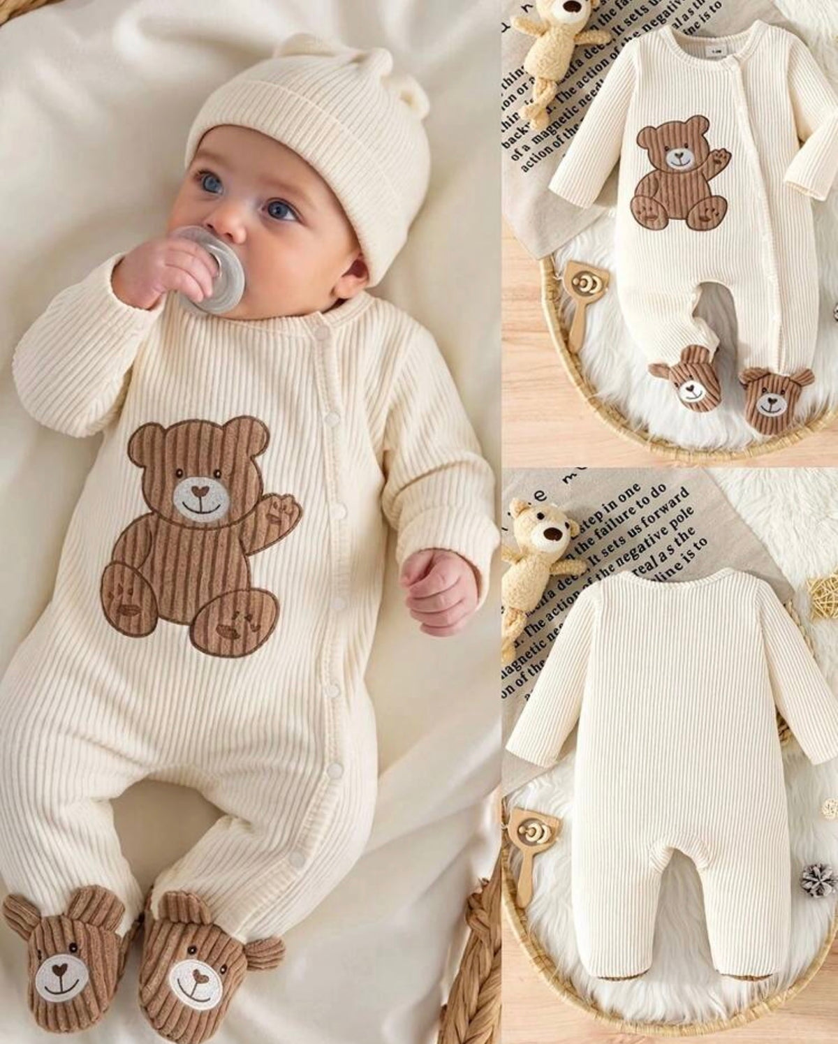 Newborn Baby Boy Apricot Bear Applique Embroidered Long Sleeve Footed Romper