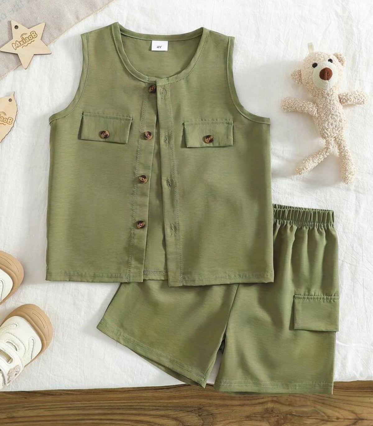 2pcs/Set Workwear Sleeveless Top + Solid Color Casual Shorts