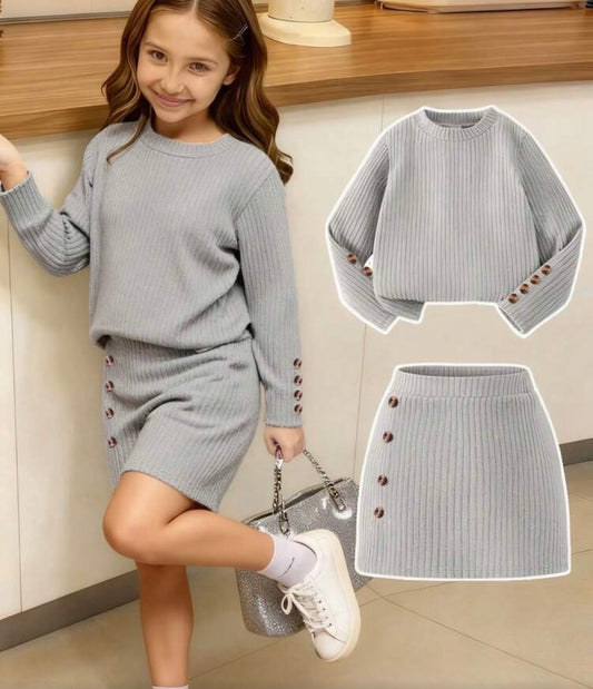 2pcs/Set Textured Long Sleeve T-Shirt And Textured Button Skirt