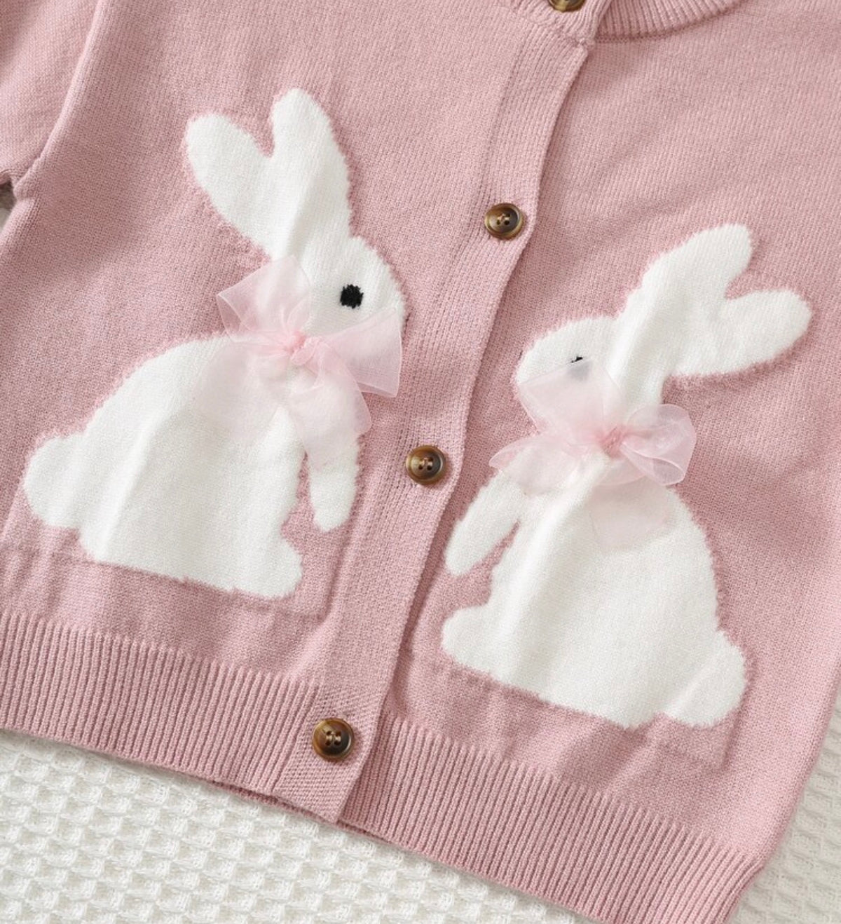 Rabbit Pattern 3D Bow Knitted Long Sleeve Button-Up Top Elastic Waist Long Pants 2-Piece Set