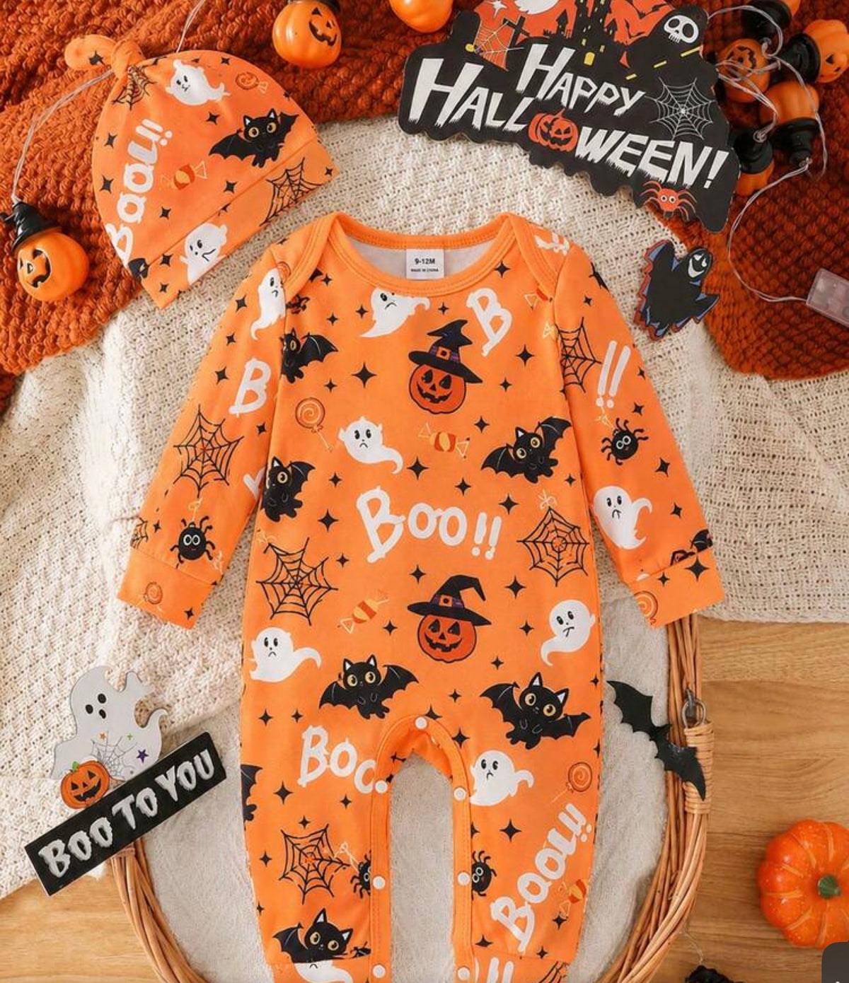 2pcs Toddler Newborn Baby Boy Ghost Pumpkin All-Over Print Halloween Party Crew Neck Long Sleeve Cuffed Jumpsuit With Hat