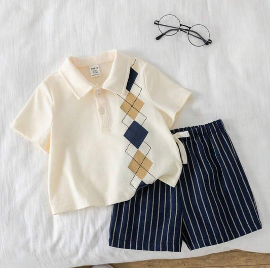 2pcs/Set Navy And White Striped & Graphic Polo Shirt And Shorts