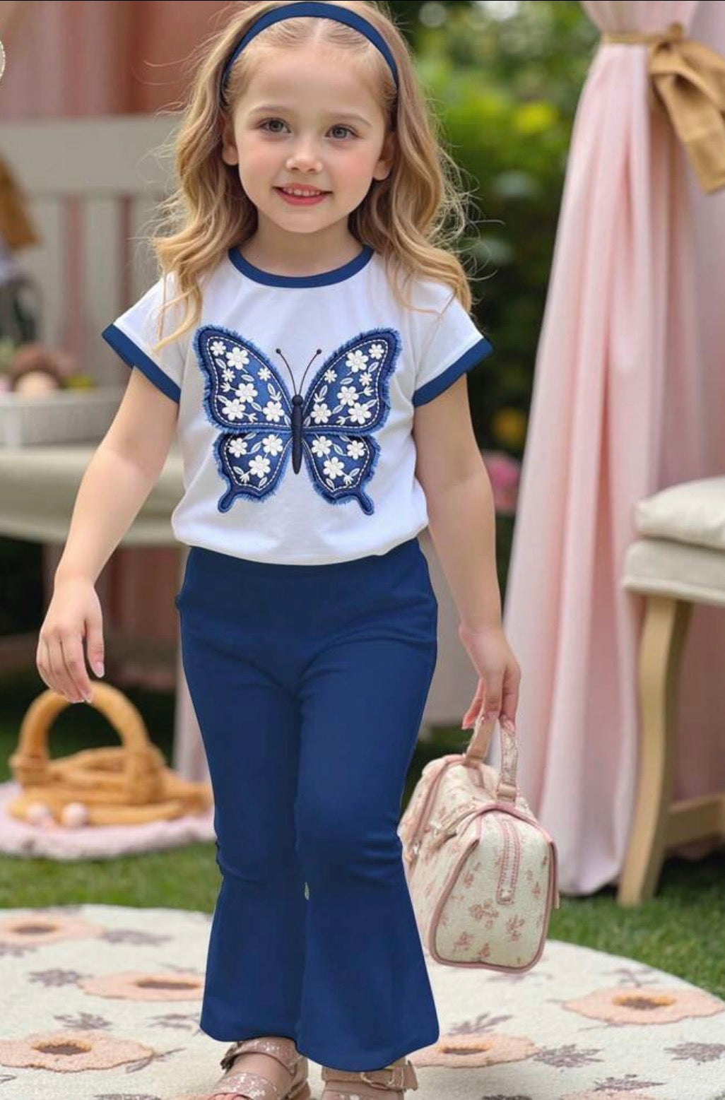 Butterfly Print Short Sleeve T-Shirt And Solid Color Flare Pants