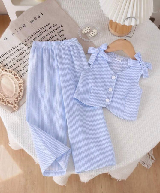 2pcs Blue Striped Pony Vest Cardigan And Pants Set