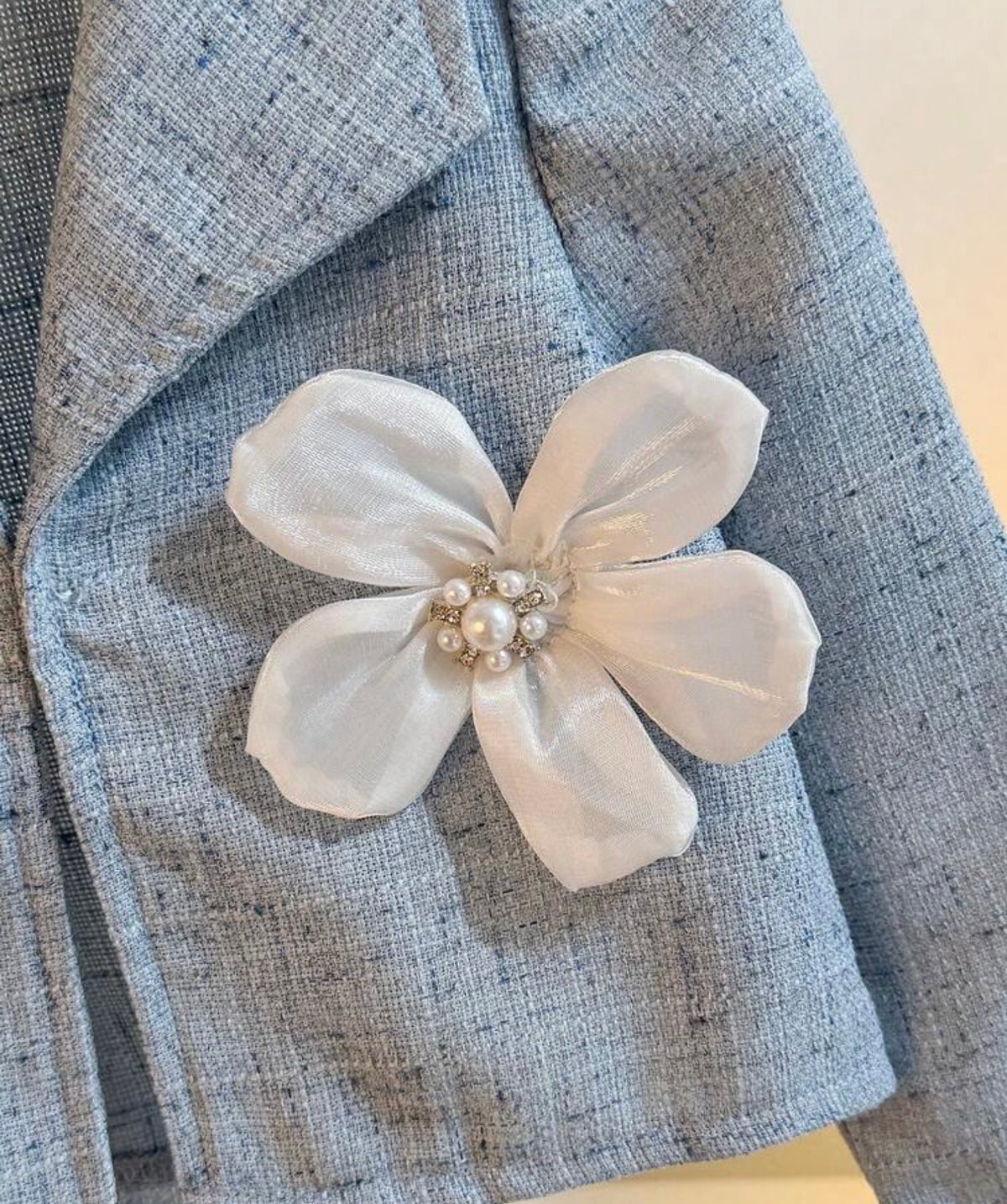 2 Pieces Set, Light Blue Tweed Short Blazer Paired With Matching Wide Leg Pants