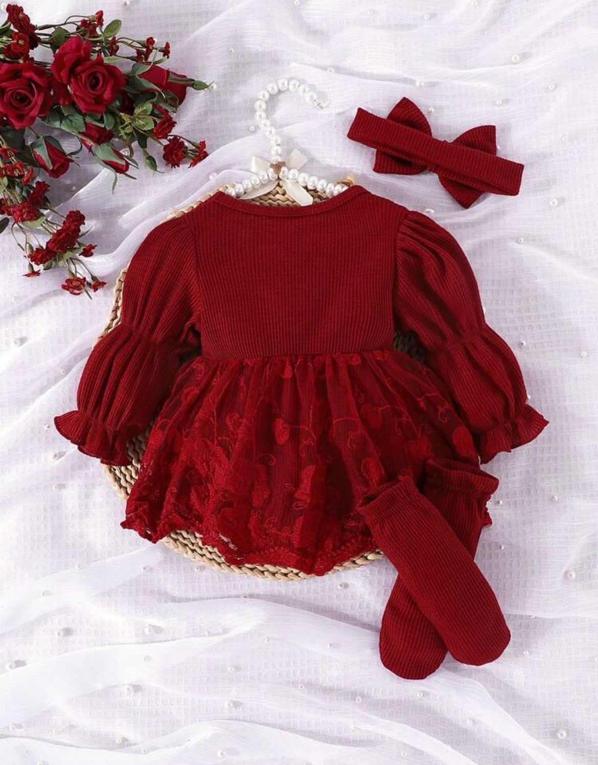Lace Patchwork long sleeve bodysuit with hair band and socks