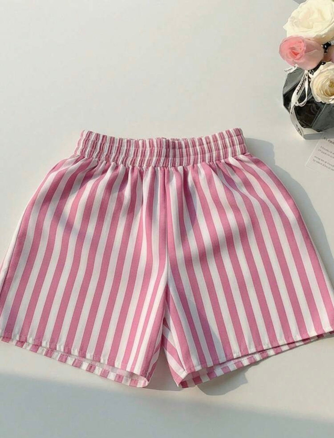 2pcs/Set Printed Short Sleeve Top And Striped Shorts