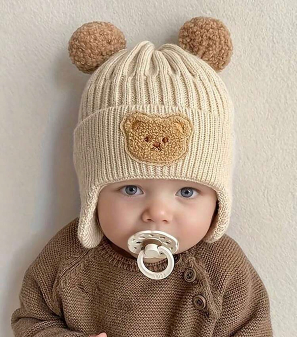 1pc Cute Bear Ear Protection Knitted Baby Hat, Winter
